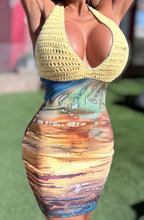 Connie's EXCLUSIVE "DESERT SUNSET MINI DRESS" SUNSET LOWER CROCHET UPPER, Adjustable Halter Neck and Back tie