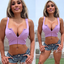 Connie's "SUPER STRETCH SEAMLESS SMASHING GRAPE Ribbed CROP Tank Top" Open The Chest as Deep as you want with Eye Hook Opening