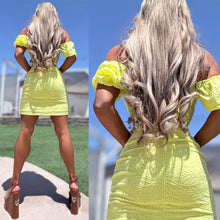 Connie's "SUNSHINE LIME YELLOW URBAN PRAIRIE GIRL MINI" OFF or ON Shoulder, Lace up Chest, STRETCH Eyelet Lace, Lined matching fabric