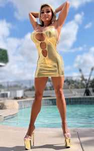 Connie's SHINY GOLD "NAUGHTY LITTLE STRIPPER MINI" EXTREME Open Chest, Stretch Fit and Short 💋💋💋