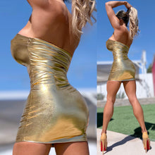 Connie's Painted on SHINY GOLD METALLIC Strapless Mini .. Full Stretch Fit Unlined, Made in USA