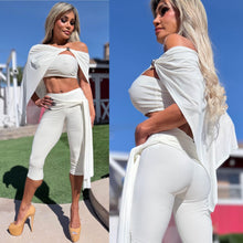Connie's RICH THREE Piece Set "WHITE SHEEN Poncho, Tube Top and SASH CAPRI Pants" Signature Double Fabric Construction, Made in USA