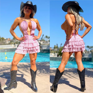 Connie's "PINK POLKA DOT PRAIRIE VIXEN MINI" Built in Micro Booty Shorts, Adjustable Open Chest, Stretch Fabric and Cute Ruffles 🍸