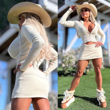 Connie's LIMITED 2 Pc Set "RICH CREAM Sweater Set" STRETCH Crop Top ZIP Hoodie and Fold Over Skirt with Built in Mini Shorts