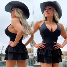 Connie's "BLACK SPAGHETTI STRAP Mini" CRISS CROSS BACK, Deep Plunge 2 Layer Ruffle, Made in The USA