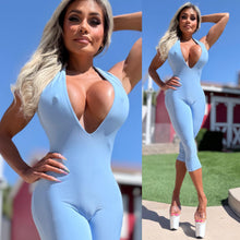 Connie's EXCLUSIVE "EXTREME PLUNGE SKY BLUE CAPRI Jumpsuit" Sheen Fabric, Adjustable Backless Halter, Made in USA