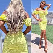 Connie's "SUNSHINE LIME YELLOW URBAN PRAIRIE GIRL MINI" OFF or ON Shoulder, Lace up Chest, STRETCH Eyelet Lace, Lined matching fabric