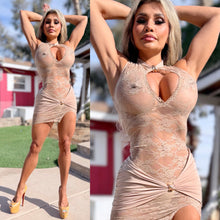 Connie's EXCLUSIVE "SEDUCTIVE TAN LACE OPEN CHEST MINI" Full STRETCH See Thru Lace, with Wrap Skirt Lower and Gold Buckle Accents