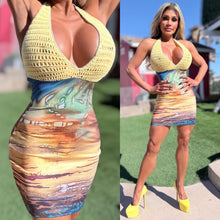 Connie's EXCLUSIVE "DESERT SUNSET MINI DRESS" SUNSET LOWER CROCHET UPPER, Adjustable Halter Neck and Back tie