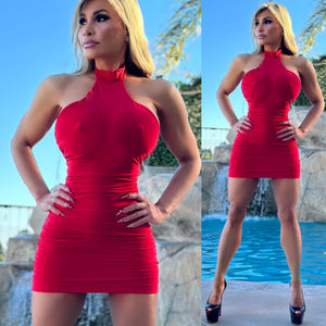 Connie's "SHINY SHEEN RED SHORT SHORT BACKLESS Mini Dress 🍸🍸🍸" Double Fabric support, Ruched Butt and Two Button Closure   Made in USA