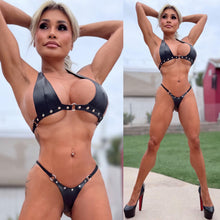 Connie's GENUINE SOFT LEATHER "SILVER RIVET BLACK BIKINI DOMINATRIX SET" ADJUSTABLE HALTER TOP and Stretch Thong Bottom Club & Lingerie SET