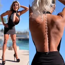 Connie's "PEARL CHAIN BACKLESS COWL PLUNGE Mini" EXTREME CHEST Exposure, BLACK SHEEN, Double Fabric ... Made in the USA