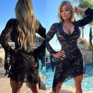 Connie's "VEGAS LOUNGE GIRL High Low Mini" BLACK 👀👀See Thru👀👀 FULL STRETCH LACE UNLINED ... Made in USA