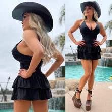 Connie's "BLACK SPAGHETTI STRAP Mini" CRISS CROSS BACK, Deep Plunge 2 Layer Ruffle, Made in The USA