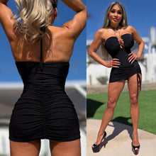 Connie's  LIMITED "BLACK MONACO MISTRESS MINI" NICE and SHORT, Full Stretch fit, Ruched Butt, Halter tie, Built in Bodysuit