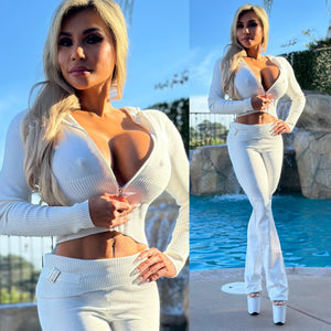 FINAL SALE Connie's "LIMITED EXCLUSIVE" WHITE, RICH Sweater Set, ZIP Crop Top Hoodie and Fold Over Stretch Fit Leggings