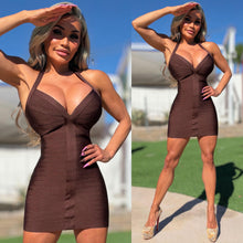 Connie's EXCLUSIVE "CHEST POPPIN BANDAGE MINI" FALL SEASON GOLDEN BROWN, TIGHT and BODY SHAPING, PUSHES YOU UP, SMOOTHES YOU OUT, SHORT HALTER, NO BRA NEEDED