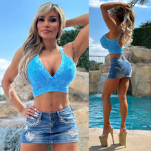 Connie's "BAD Bitch, VINTAGE DISTRESSED BLUE RASPBERRY Ribbed Button Down Crop Tank Top " With SUPER STRETCH FIT