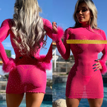 Connie's "HOT PINK & Rhinestones Mini Dress" With Maribou Arm Detail, FULL STRETCH SEE THRU Mesh and Rhinestones