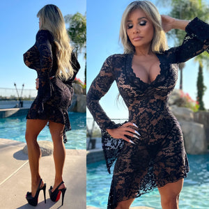 Connie's "VEGAS LOUNGE GIRL High Low Mini" BLACK 👀👀See Thru👀👀 FULL STRETCH LACE UNLINED ... Made in USA
