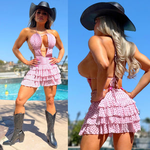 Connie's "PINK POLKA DOT PRAIRIE VIXEN MINI" Built in Micro Booty Shorts, Adjustable Open Chest, Stretch Fabric and Cute Ruffles 🍸