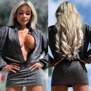 Connie's LIMITED "RUTHLESS CHARCOAL SPARKLE ✨✨ MINI" TIGHT FIT LOWER, Slouch Upper with Button Down Chest, Full Stretch Fabric, Adjustable Length 🍸