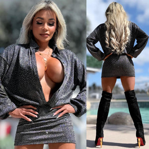 Connie's LIMITED "RUTHLESS CHARCOAL SPARKLE ✨✨ MINI" TIGHT FIT LOWER, Slouch Upper with Button Down Chest, Full Stretch Fabric, Adjustable Length 🍸