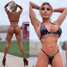 Connie's GENUINE SOFT LEATHER "SILVER RIVET BLACK BIKINI DOMINATRIX SET" ADJUSTABLE HALTER TOP and Stretch Thong Bottom Club & Lingerie SET