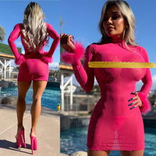 Connie's "HOT PINK DIAMONDS Mini Dress" With Maribou Arm Detail, FULL STRETCH SEE THRU Mesh and Rhinestones