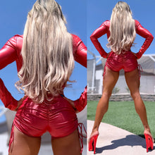 Connie's EXCLUSIVE!!! "HIGH WAIST SHORT SHORT RUCHED SHORTS" RED STRETCH Faux Leather