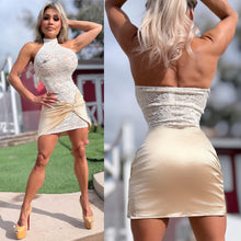 Connie's EXCLUSIVE "ELEGANT and Semi SEE Thru WHITE & GOLD LACE MINI" Full STRETCH See Thru Lace, with Wrap Skirt Lower