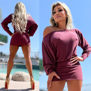 Connie's "Cabernet 🍷 MINI" TIGHT FIT LOWER, One Shoulder Slouch Upper, Full Stretch Light Knit, Adjustable Hem Length Made in USA 🍸