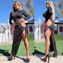 Connie's EXCLUSIVE!!!  "BLACK Ferrari EVENING Mock Neck MAXI 🍸🍸🍸" High Hip Cut, Thigh Tie, Full stretch Fit, No Zippers