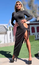 Connie's EXCLUSIVE!!!  "BLACK Ferrari EVENING Mock Neck MAXI 🍸🍸🍸" High Hip Cut, Thigh Tie, Full stretch Fit, No Zippers