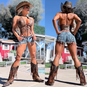 Connie's "RICH RUSTIC DARK BROWN URBAN COWGIRL 🤠 CORSET Halter Top" DISTRESSED VEGAN LEATHER adjustable Corset, LIMITED SUPPLY