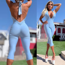 Connie's EXCLUSIVE "EXTREME PLUNGE SKY BLUE CAPRI Jumpsuit" Sheen Fabric, Adjustable Backless Halter, Made in USA