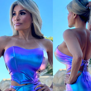Connie's "IRIDESCENT LILAC CORSET CROP TOP" SHINY stretch rubber Flex Boned TOP ... Made in USA