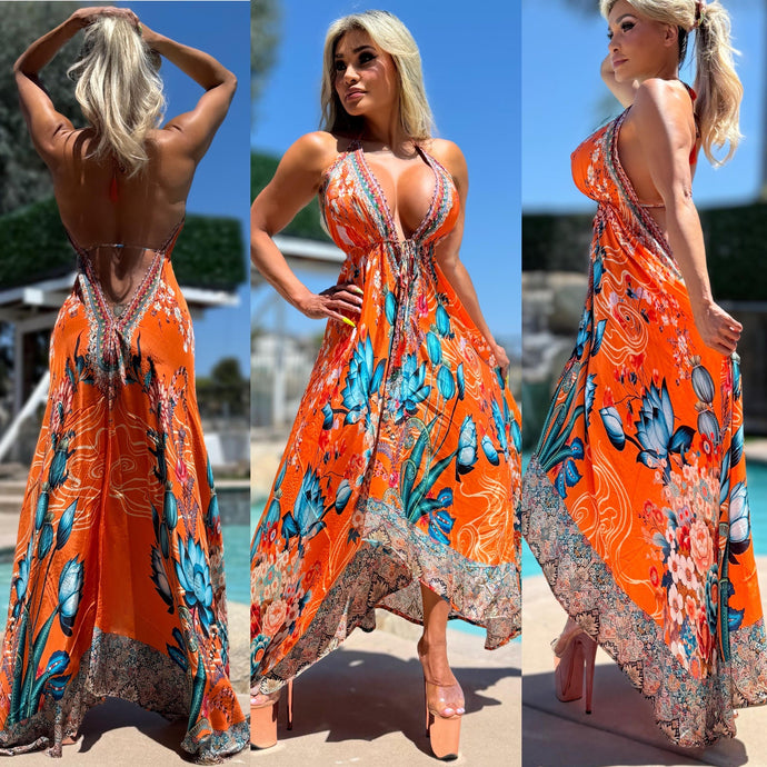 ***LIMITED*** Connie's LUX 🌴 Island BoHo Style, BLUE LOTUS 🪷 SUNSHINE *Silk* High Low Maxi