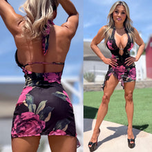 Connie's LIMITED "RICH and SULTRY BLACK LACE ROSE MESH Mini" Full Stretch Fit, Deep Plunge, adjustable Back and Halter Tie