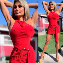 Connie's *EXCLUSIVE* "EXTRA SIDE CLEAVAGE RED SASH MINI" "EXTRA SHORT, Gold accent, Made in the USA