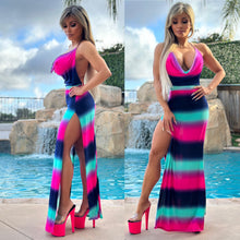 *LIMITED* Connie's  "MULTICOLOR RESORT MAXI" Cowl Neck Plunge, High DOUBLE SPLIT Thighs, Super Stretch Fit