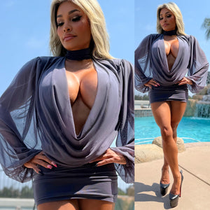 Connie's "SEE THRU AND ELEGANT EXTREME PLUNGE Mini” RICH GRAY Upper is Semi Sheer-Ish Stretch To Fit Lower