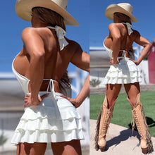 Connie's LIMITED!!! "All DRESSED UP! SULTRY SEXY WHITE COWGIRL" Lace trim Accent, Ruffle lower, Built in Booty Shorts, Made in USA