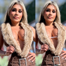 Connie's LIMITED!! "Seductive MONTANA MOUNTAIN BROWN Fur Collar Mini Dress" Stretch Halter Dress, DEEP PLUNGE, Adjustable Chest Closure