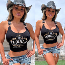 Connie's VINTAGE LOOK "TEQUILA, ALWAYS A GOOD IDEA" ADJUSTABLE SILVER BUCKLE Tank Top, BLACK Stretch Fit T-Shirt, Made in the USA