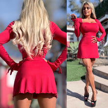 Connie's "ANYTIME RED Bell Sleeve Mini" Open Square Neck, Fitted Upper and waist, Flared Ruffle Hem ... Made in the USA