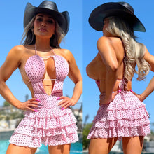 Connie's "PINK POLKA DOT PRAIRIE VIXEN MINI" Built in Micro Booty Shorts, Adjustable Open Chest, Stretch Fabric and Cute Ruffles 🍸