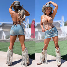 Connie's  "RICH SOFT DISTRESSED TAN LEATHER COWGIRL HALTER TOP" ADJUSTABLE Corset back and Eye Hook Front