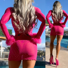 Connie's "HOT PINK & Rhinestones Mini Dress" With Maribou Arm Detail, FULL STRETCH SEE THRU Mesh and Rhinestones