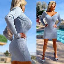 Connie's "CREAMY BLUE Timeless Sultry VIXEN Sweater Dress" Stretch Fit Cashmere Feel Soft Knit Sweater Mini